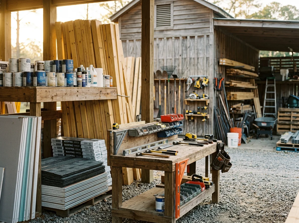 Home renovation workspace with tools and materials ready for construction work.
