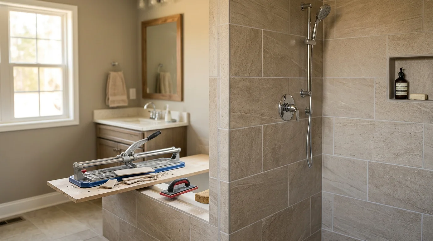 Completed tile shower installation in a residential bathroom