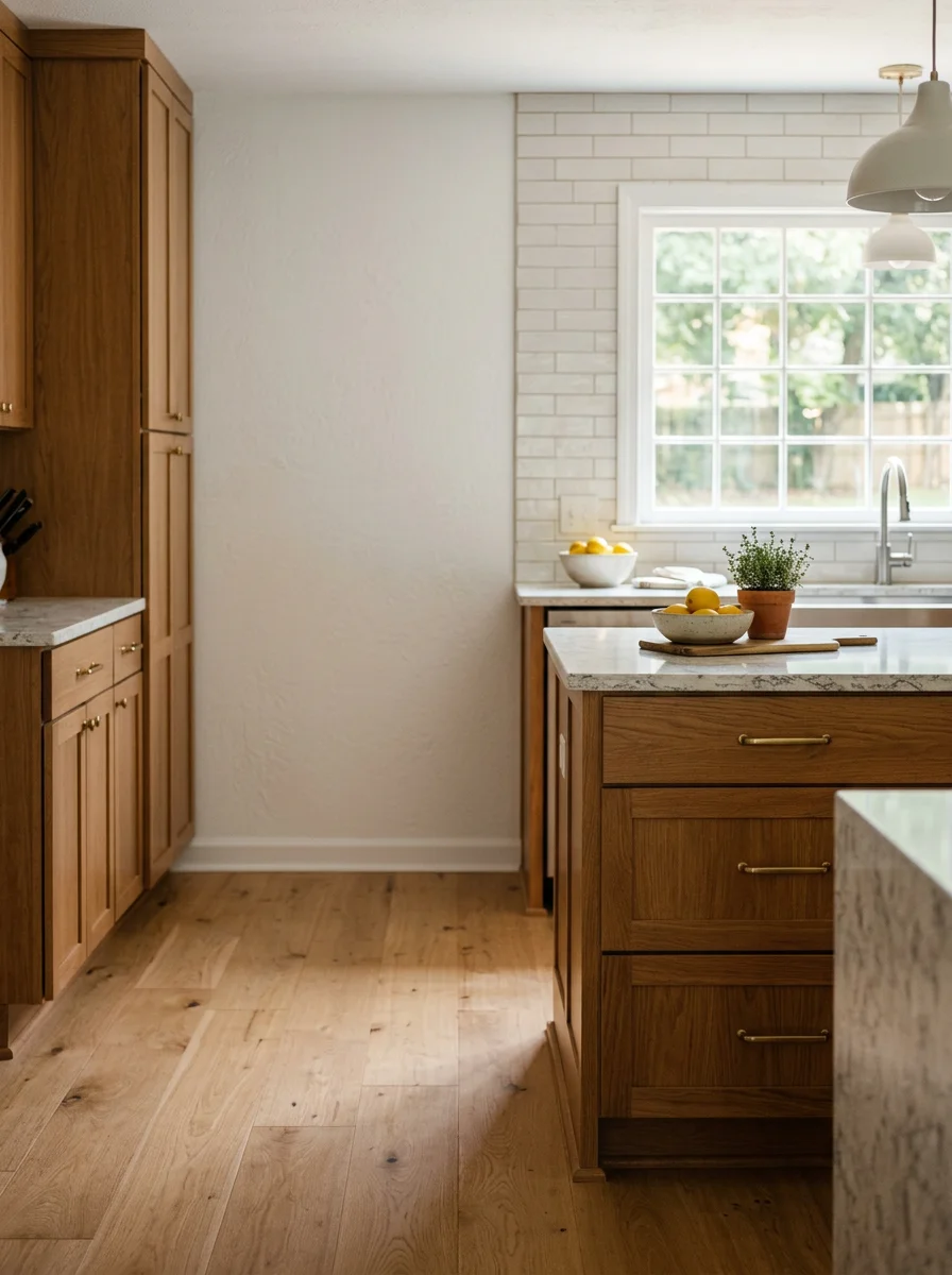 A renovated kitchen interior in a Camden, SC ranch home showing new wood-tone cabinets installed against freshly painted drywall and new plank flooring.