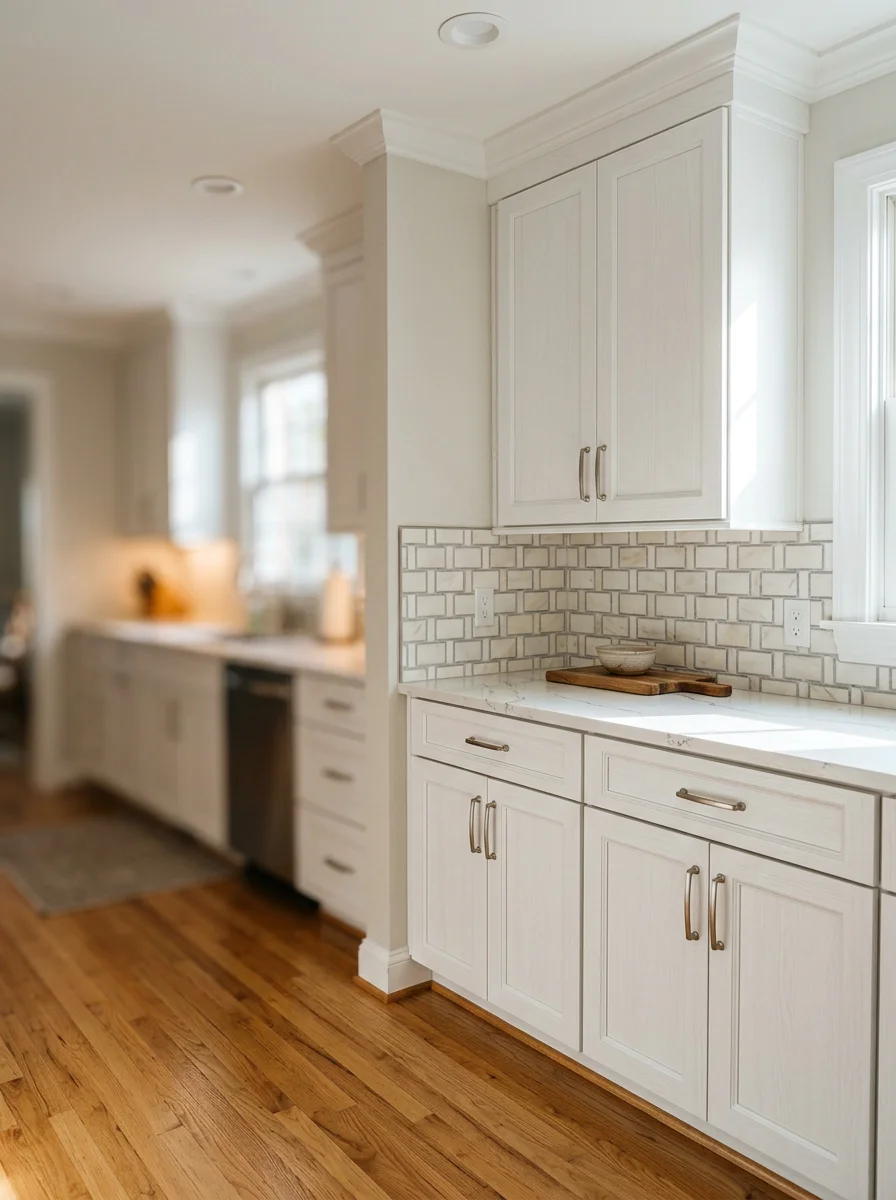 Newly installed kitchen cabinets and tile backsplash inside a Columbia, SC home renovation, showing clean white cabinetry against warm-toned flooring.