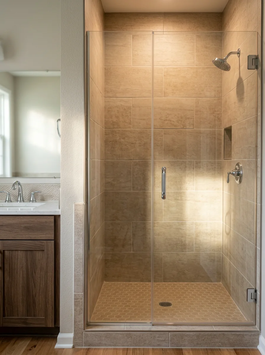 A renovated master bathroom in a Lexington, SC subdivision home showing a new walk-in tile shower with floor-to-ceiling ceramic tile and a frameless glass door.