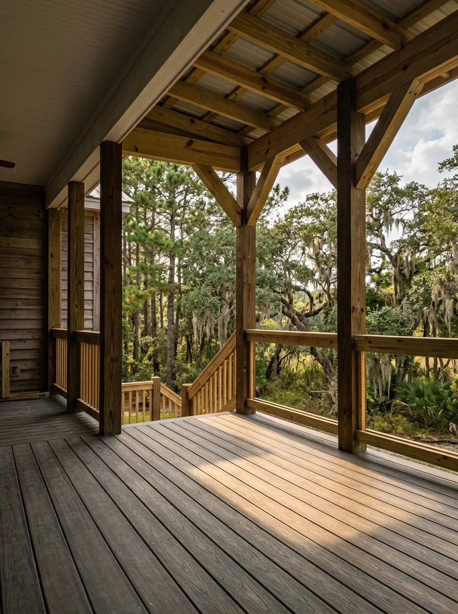 A newly built covered back porch on a Moncks Corner, SC home near Lake Moultrie, showing pressure-treated framing and composite decking boards.