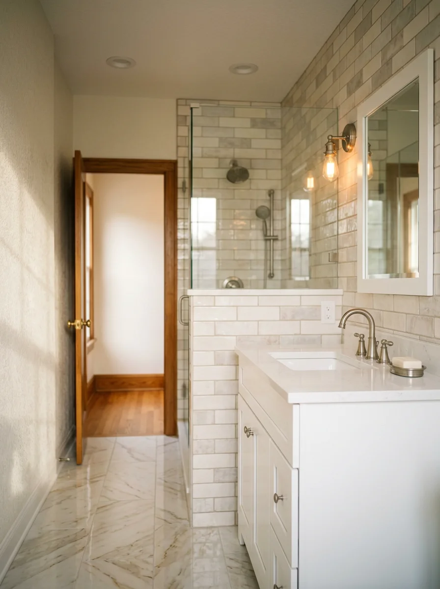 Close-up of a renovated bathroom interior in a Sumter home showing new ceramic tile shower walls and a freshly installed vanity.