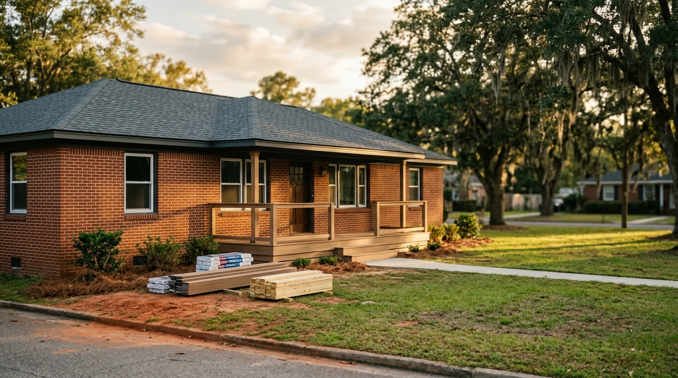 A brick ranch-style home in Sumter, SC with a newly installed shingle roof and freshly replaced front porch decking visible from the street.