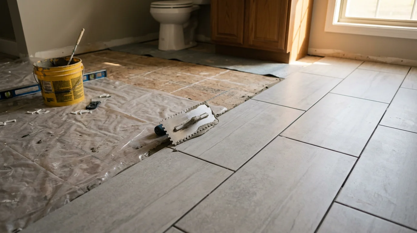 Newly installed porcelain tile bathroom floor in a Sumter, South Carolina home, showing clean grout lines and a dry, level surface around the base of a bathtub. D&S Renovations bathroom flooring installation result.