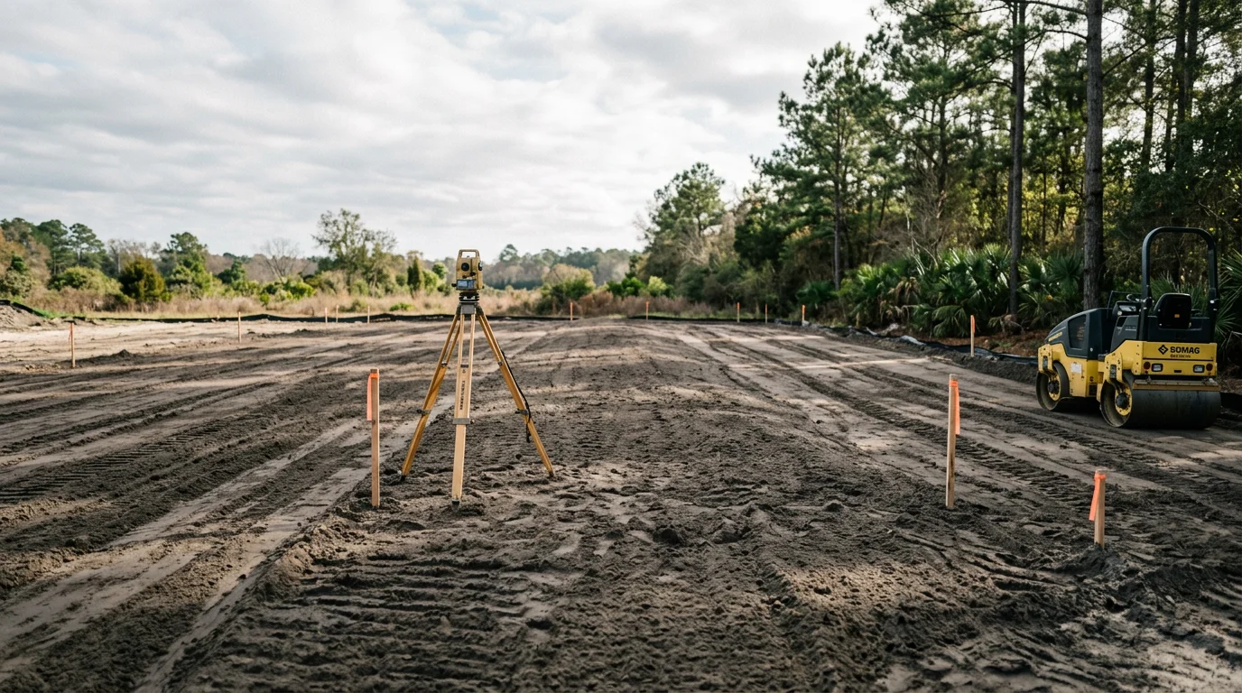 A graded and compacted building pad on a residential lot in Sumter, South Carolina, with cleared land and shaped drainage slopes visible in the foreground. The site is ready for foundation work as part of a custom home build.