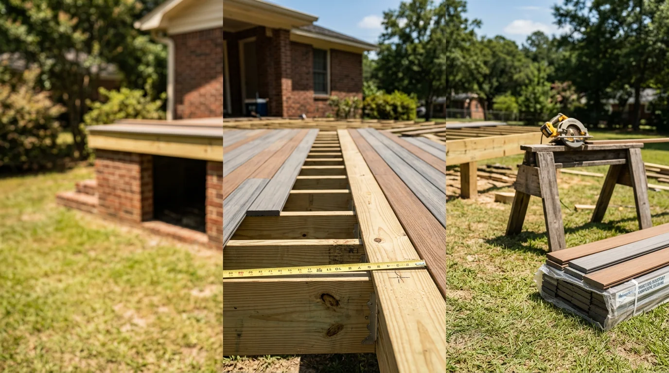 A newly built custom wood deck attached to the back of a single-family home in Sumter, South Carolina. The deck features open railings and a clean board layout suited to the home's backyard space.