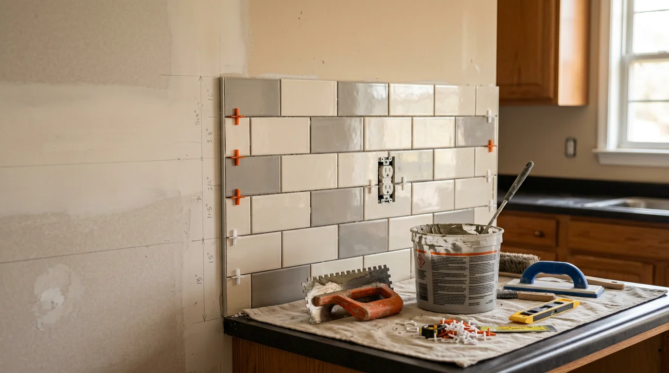 Freshly installed ceramic tile kitchen backsplash in a Sumter, South Carolina home, showing clean grout lines and precise cuts around a wall outlet above the countertop. The new tile runs from the countertop edge up to the underside of the upper cabinets.