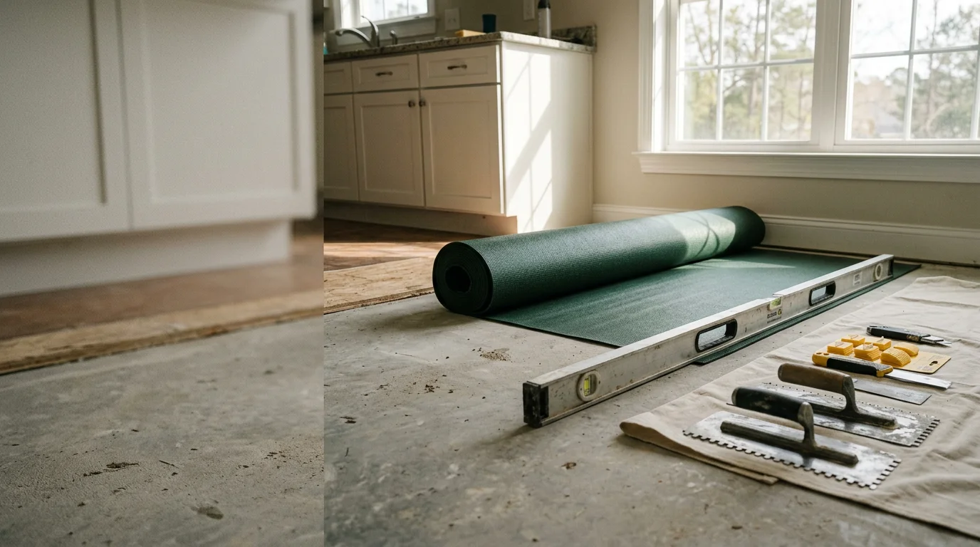 Newly installed kitchen flooring in a Sumter, South Carolina home, showing clean edge cuts along the base cabinets and a smooth, level surface across the full kitchen floor.