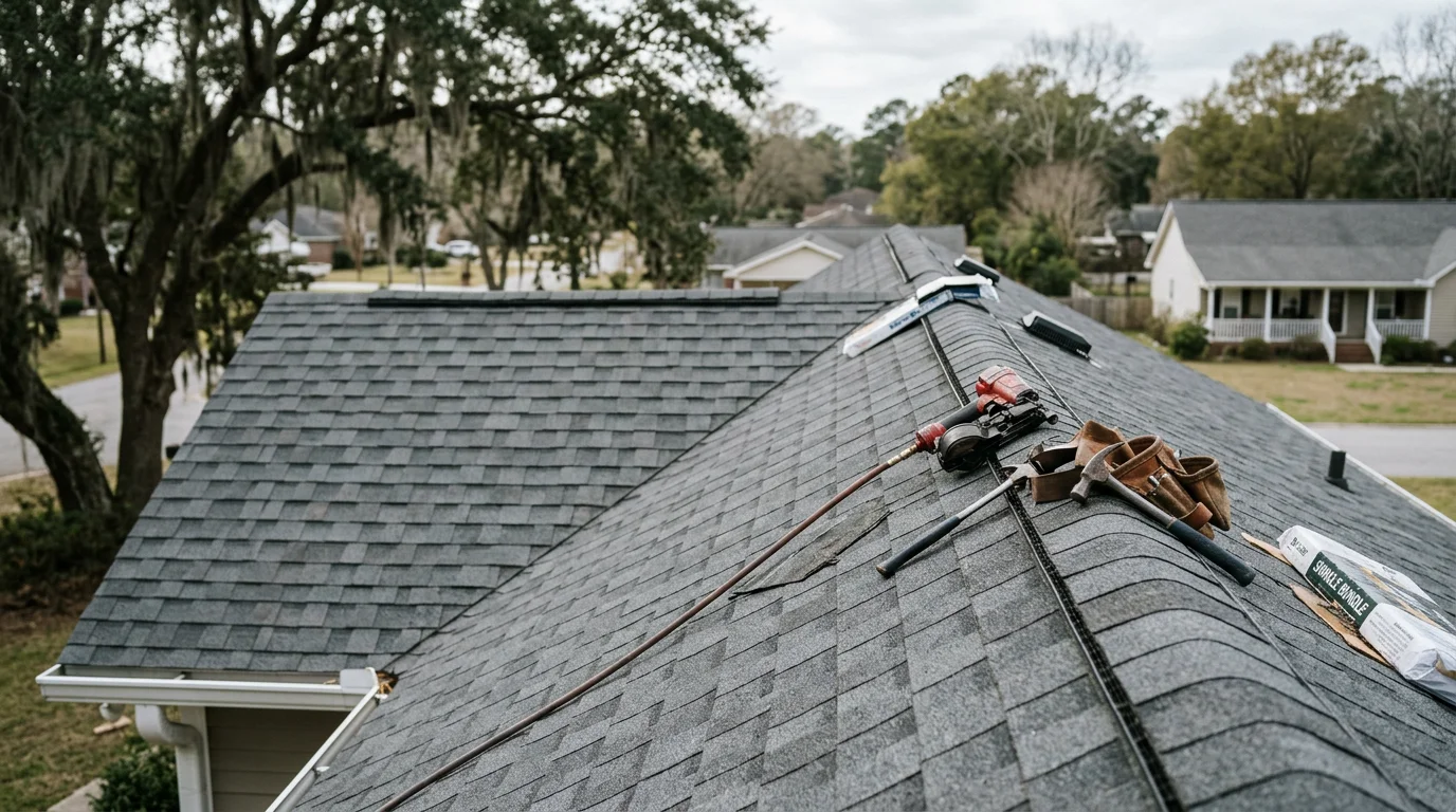 A newly installed residential roof on a single-story home in Sumter, South Carolina, showing uniform architectural shingles and clean ridge lines. The surrounding yard reflects a typical Midlands neighborhood setting.