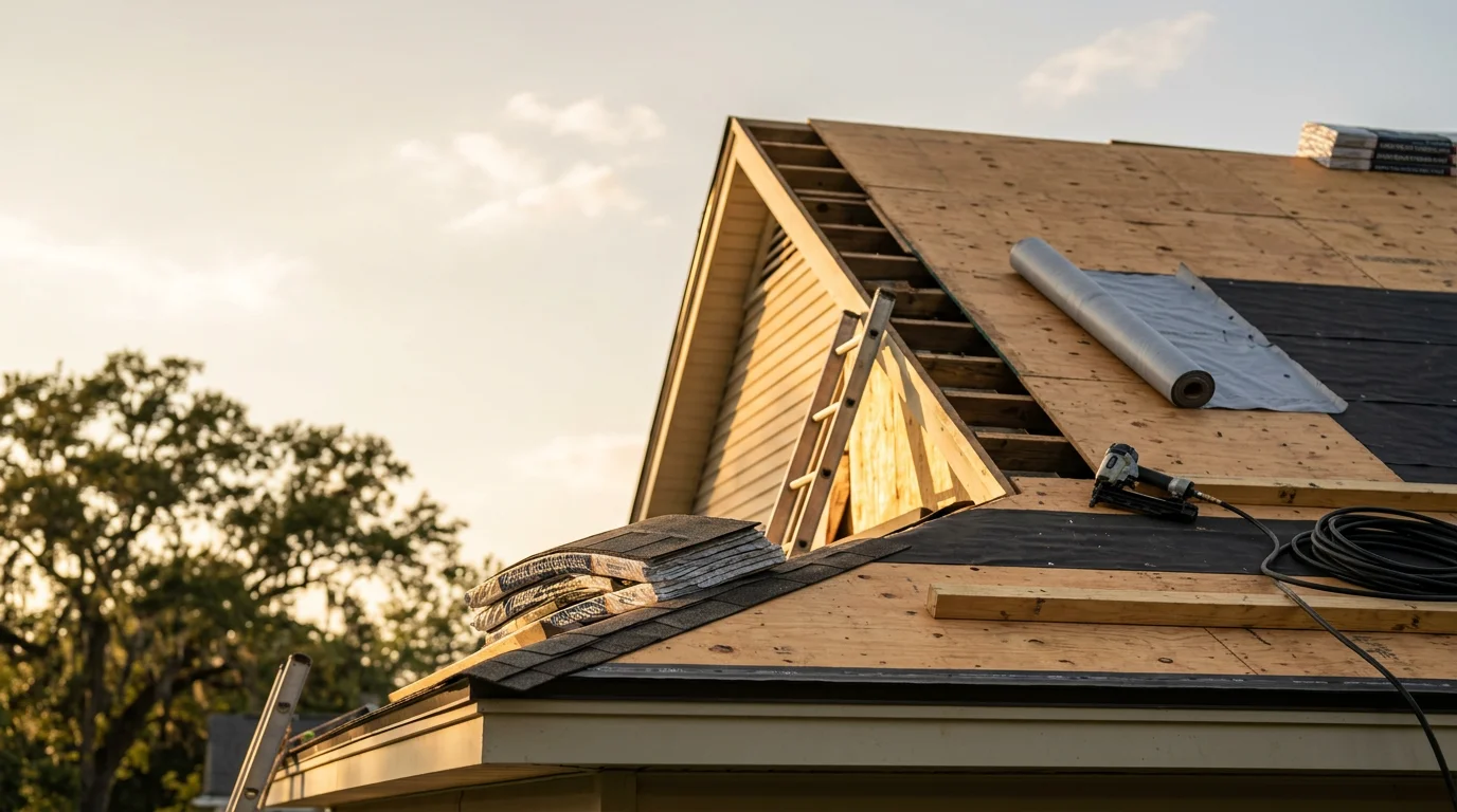 Completed residential roof replacement on a single-family home in Sumter, South Carolina, showing new shingles installed across the full roofline. Clear sky visible above the finished roof with surrounding neighborhood homes in the background.