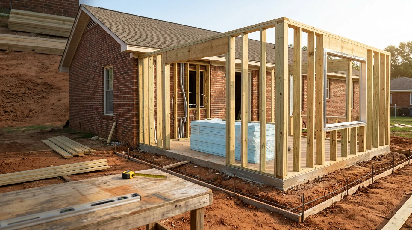 A newly completed room addition on a single-story home in Sumter, South Carolina, showing framed exterior walls tied into the existing roofline with matching siding and windows. Interior view of the finished addition with drywall, trim, and natural light from new windows.
