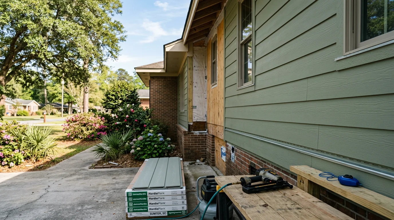 Newly installed siding on a single-story residential home in Sumter, South Carolina, showing clean lap panels along the front exterior wall. The finished installation shows tight seams and consistent panel alignment across the full facade.