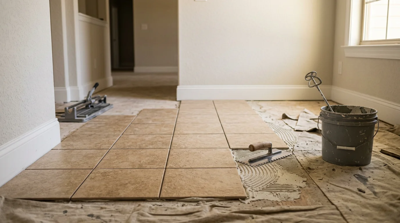 Freshly installed tile flooring in a Sumter, South Carolina home, showing clean grout lines and a level surface across a residential living space. The tile runs evenly from wall to wall with smooth transitions at the room's edges.